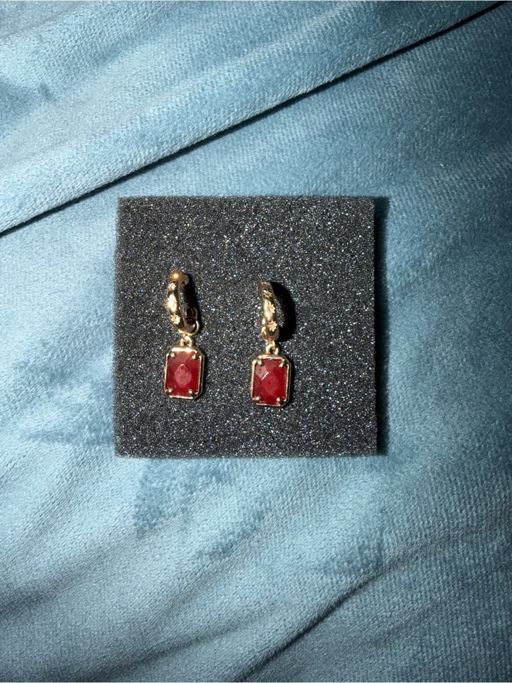Gold Tone Earrings with Red Gem Dangles